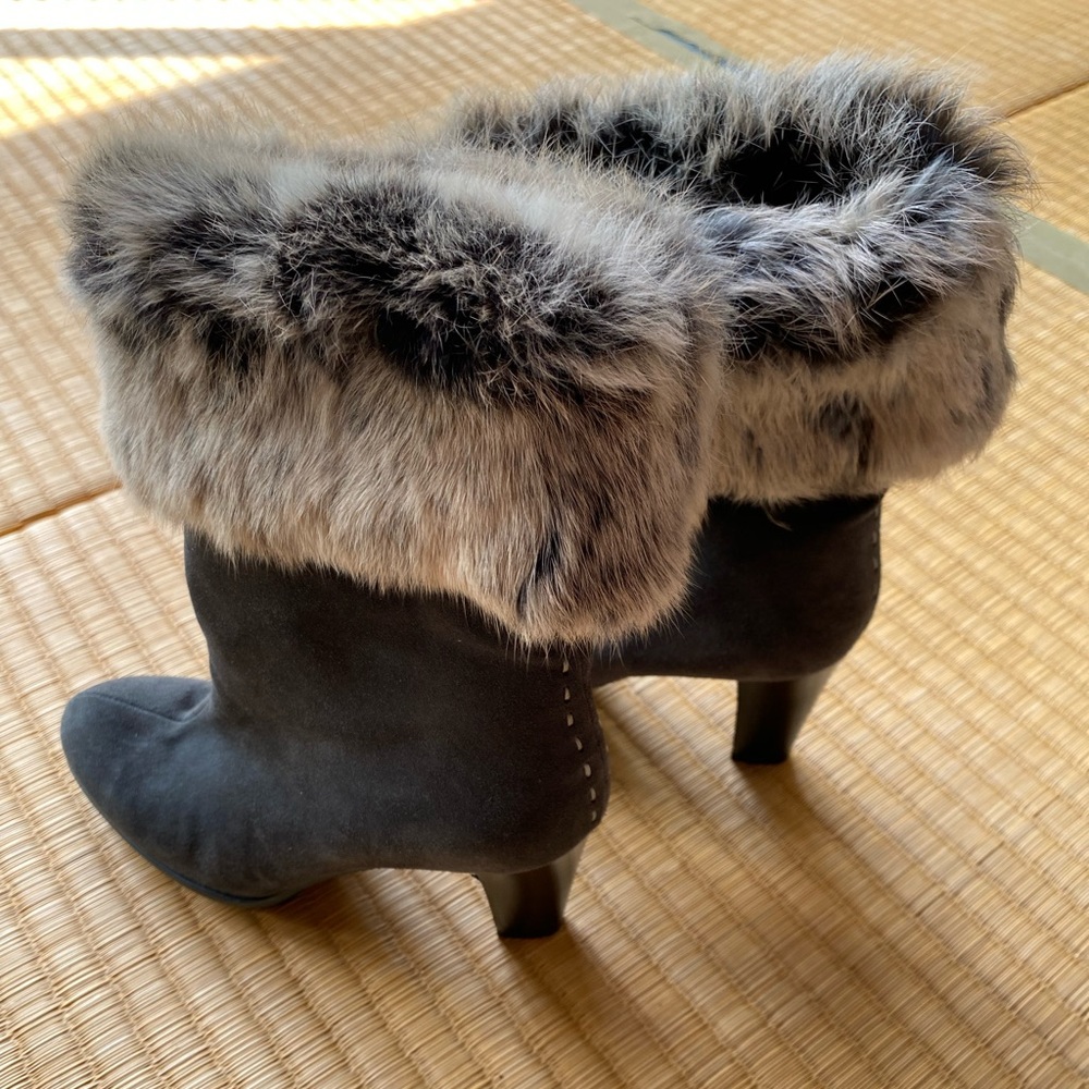 Aquatalia Italian suede-leather boots with rabbit fur trim.